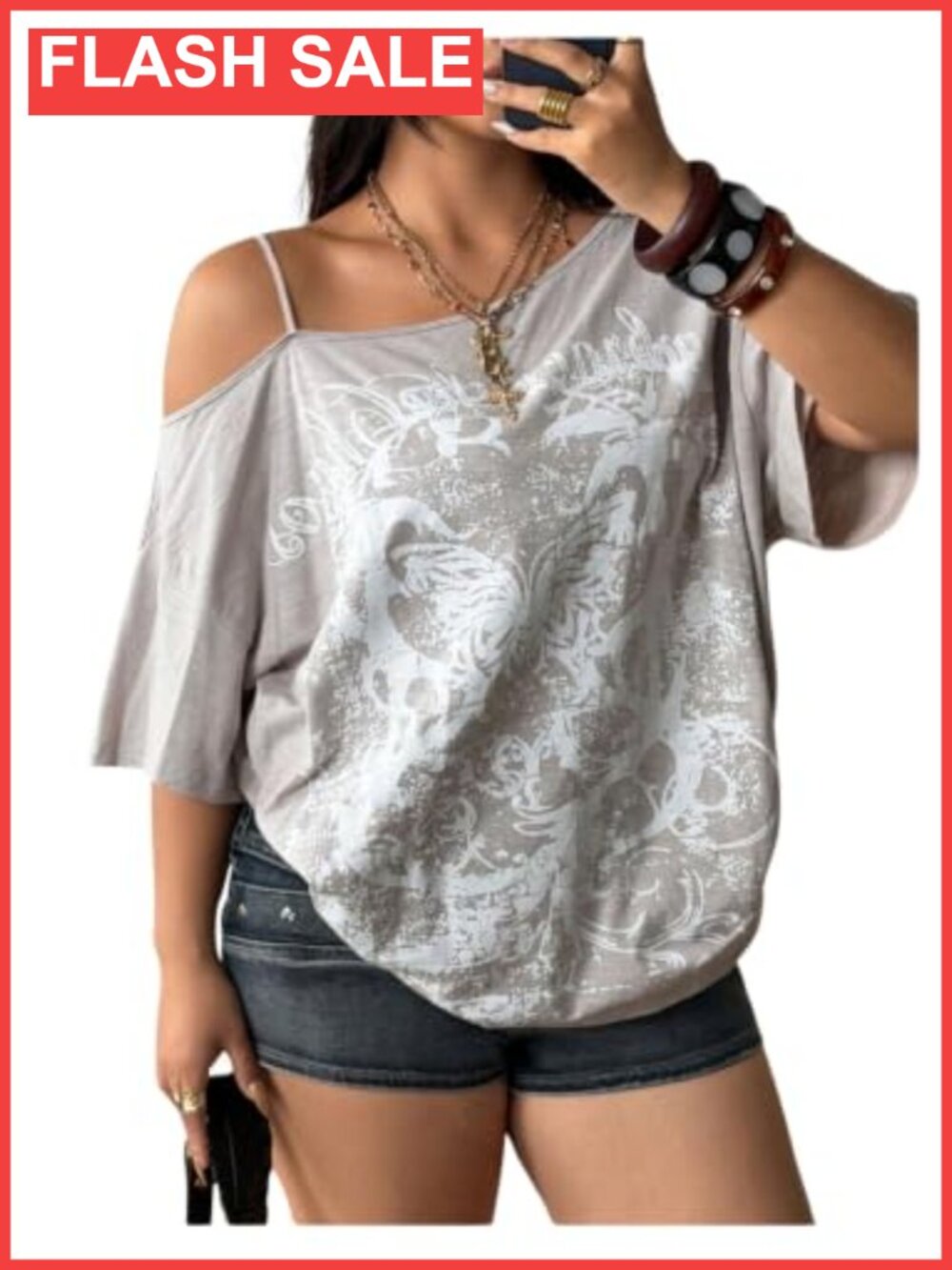 Plus Size Goth Off Shoulder Y2K Graphic Tee Loose Fit Semi Sheer